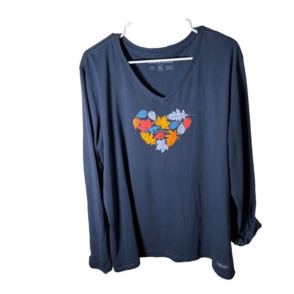 Life Is Good T-Shirt Women's XL Blue Crusher V-Neck Heart Fall Leaves Top